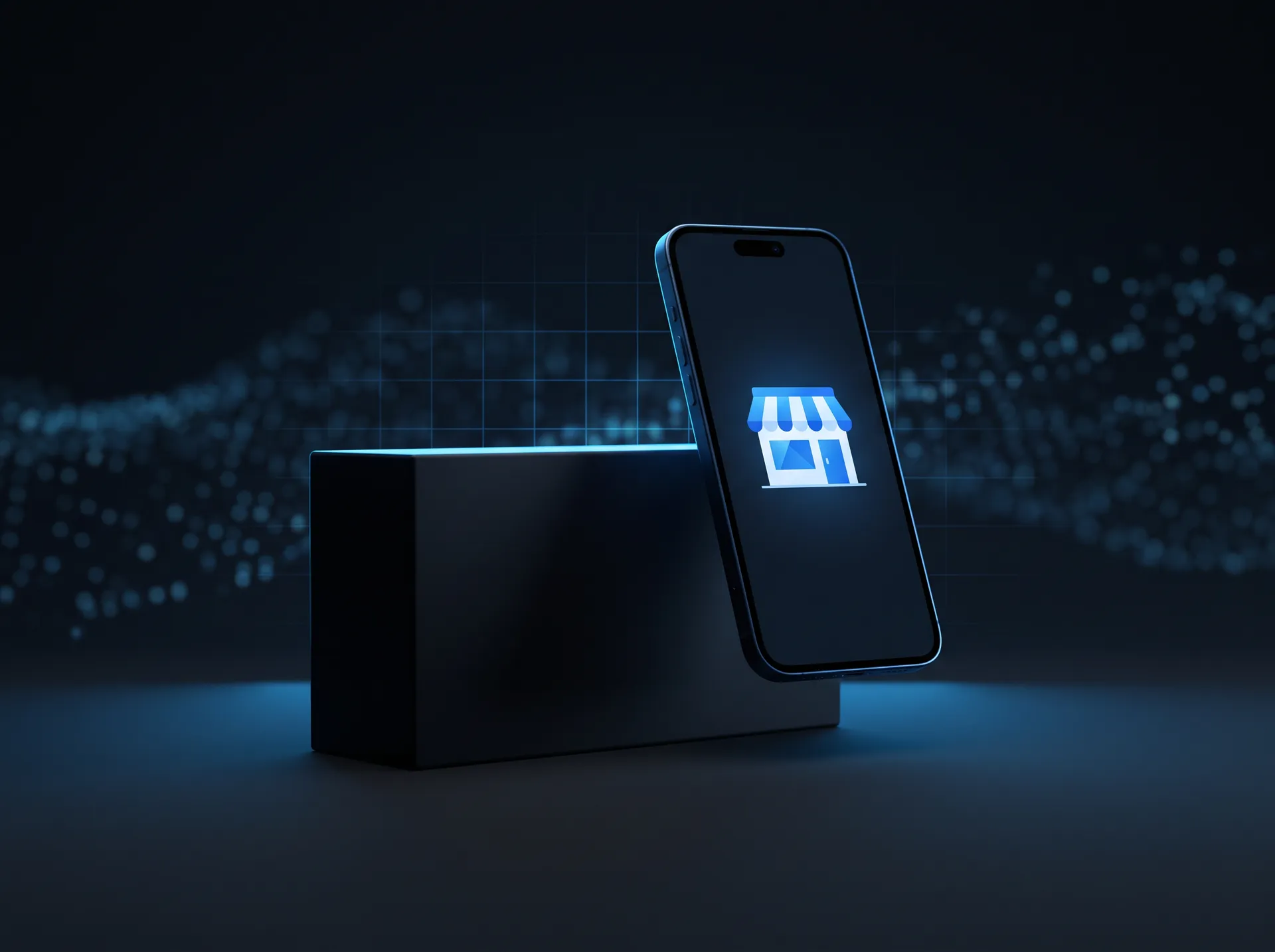 A parcel and a phone showing an online store, lit in electric blue